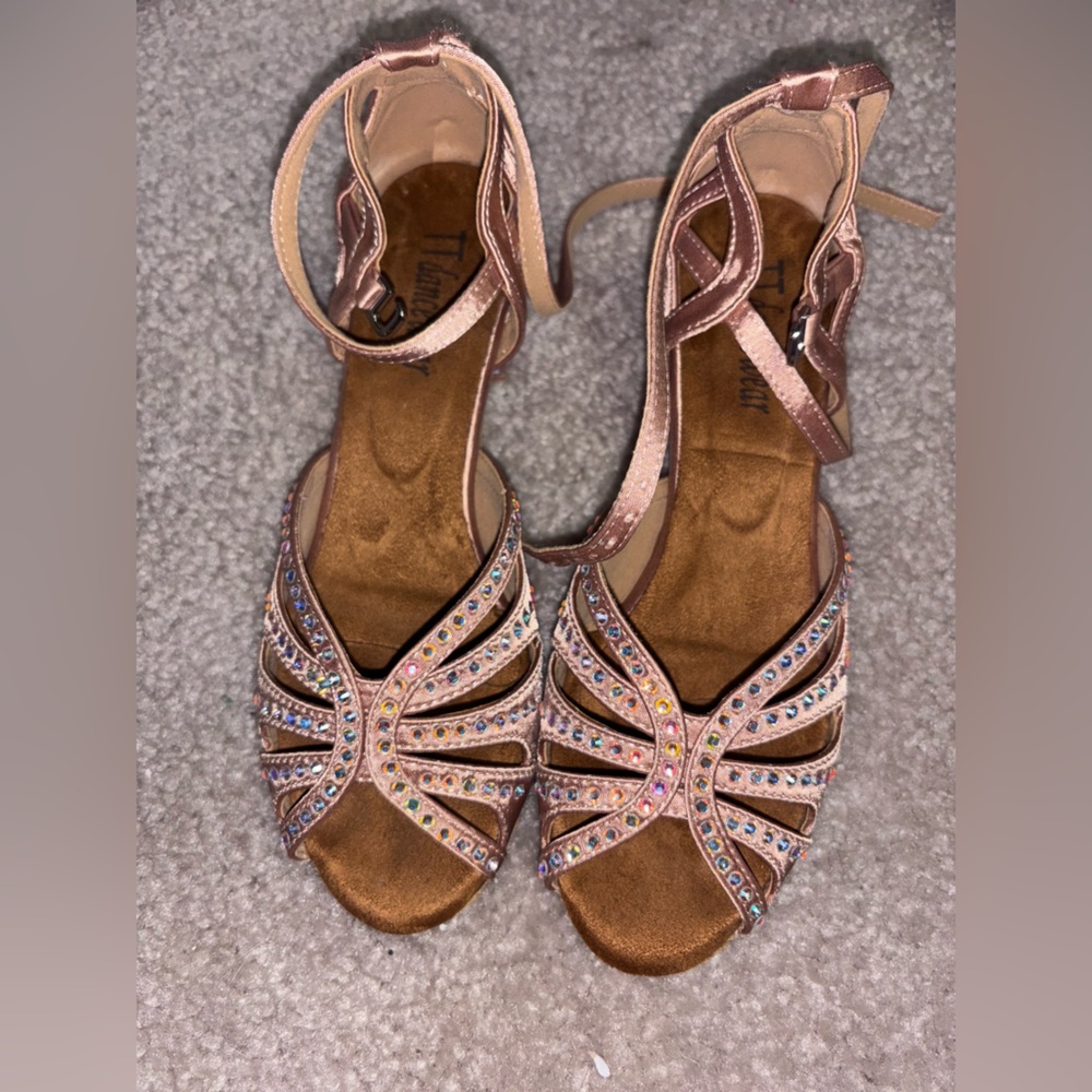 TT Dancewear RoseGold Rhinestone Strappy Heel Sandals well worn used dancer shoe